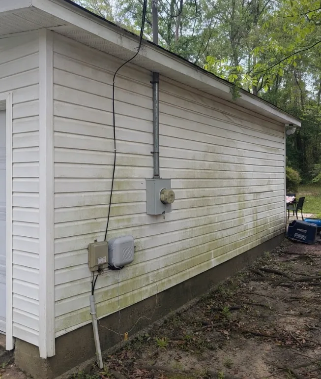 Before: house washing on white vinyl siding with green organic growth removed